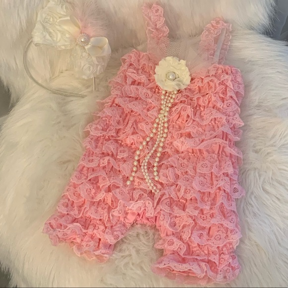 SALE! Pink Lace Petti-Romper & Headband - Picture 2 of 10